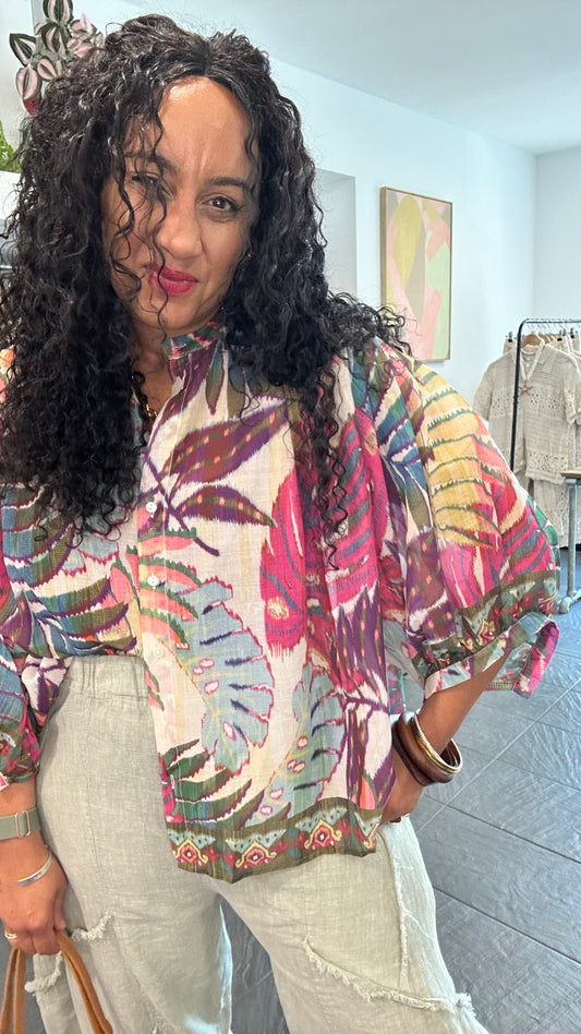 CLEO TROPICAL BALLOONED SLEEVED SMOCK BLOUSE *New