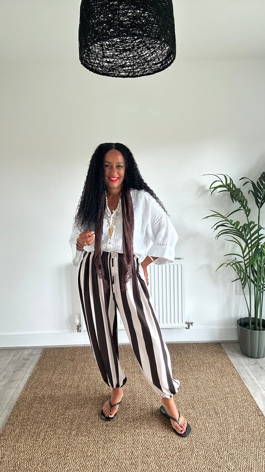 SOFIA STRIPE BALLOON TROUSERS POWDER BROWN & CREAM *New
