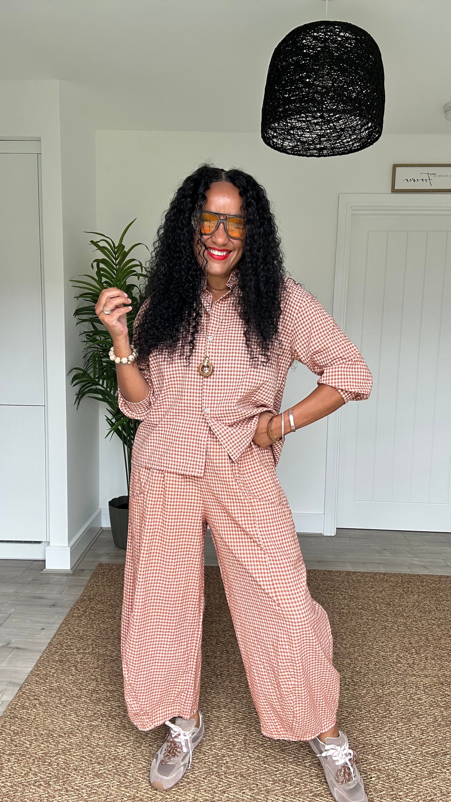 AVA GINGHAM BARREL LEG TROUSERS TERRACOTTA  *New