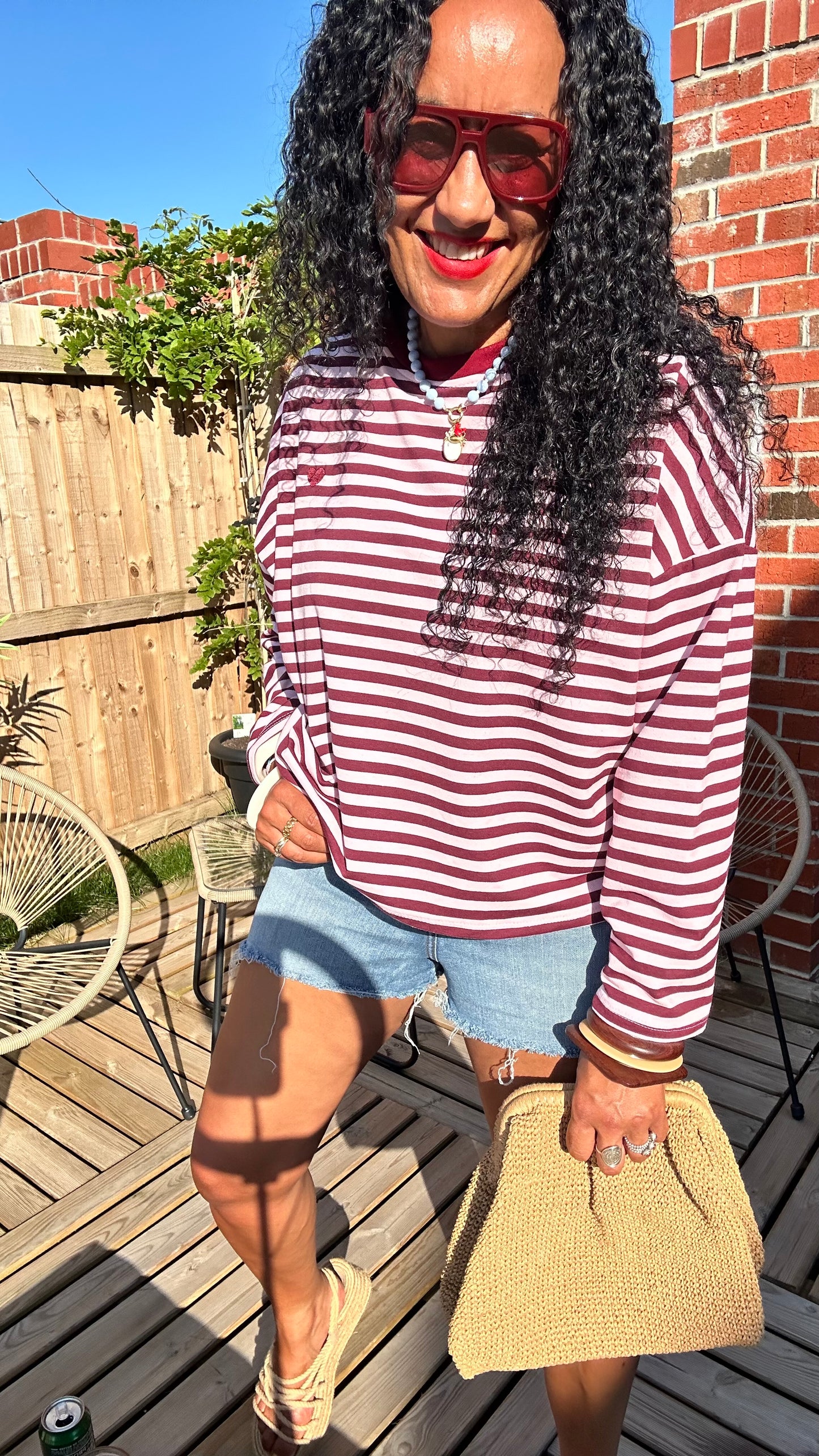 HEART LONG SLEEVED STRIPE TOP BURGUNDY & PINK CONTRAST *New