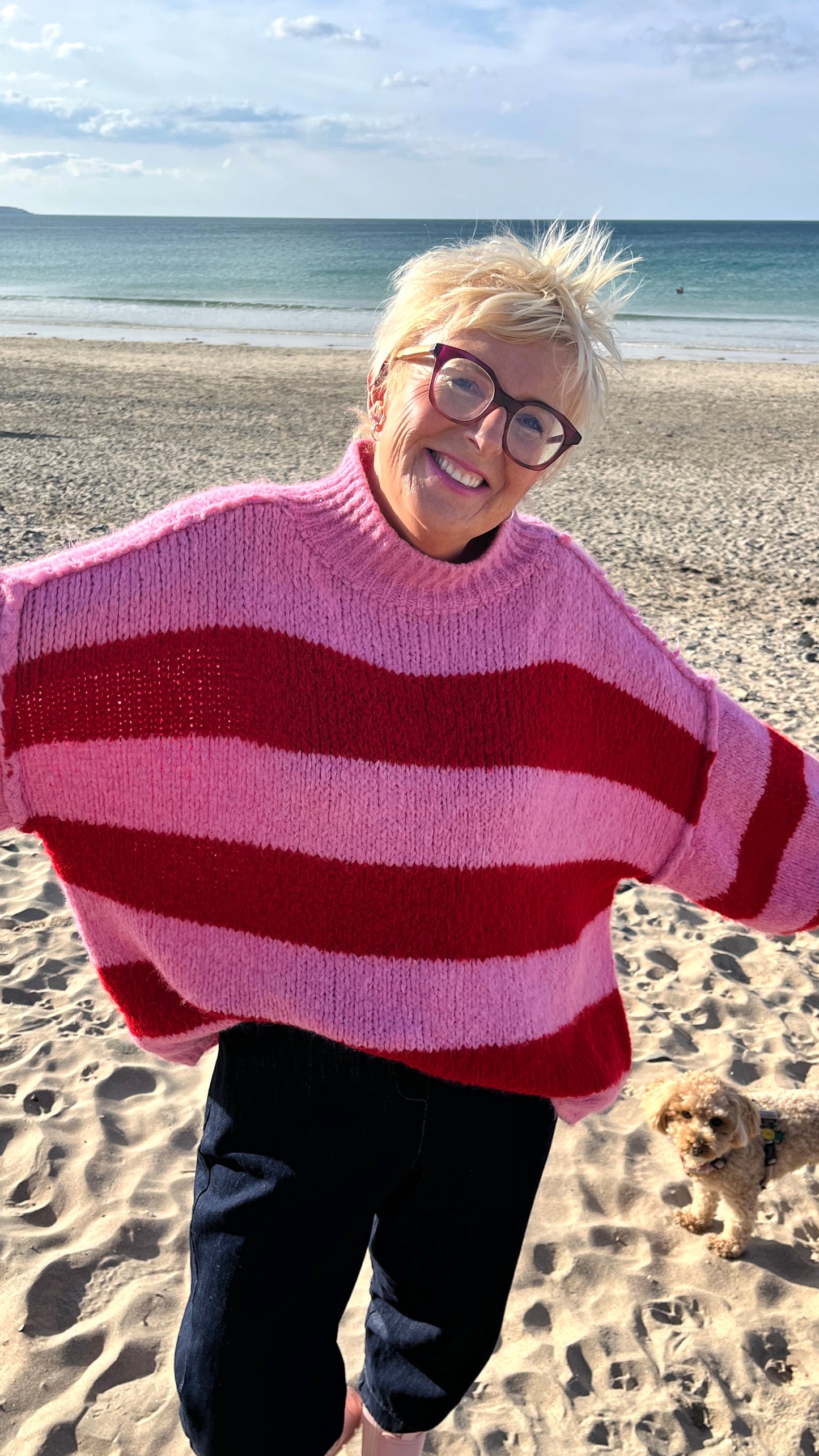 ALEX STRIPED RAW EDGE BALLOON SLEEVED JUMPER CANDY CANE RED & PINK *New