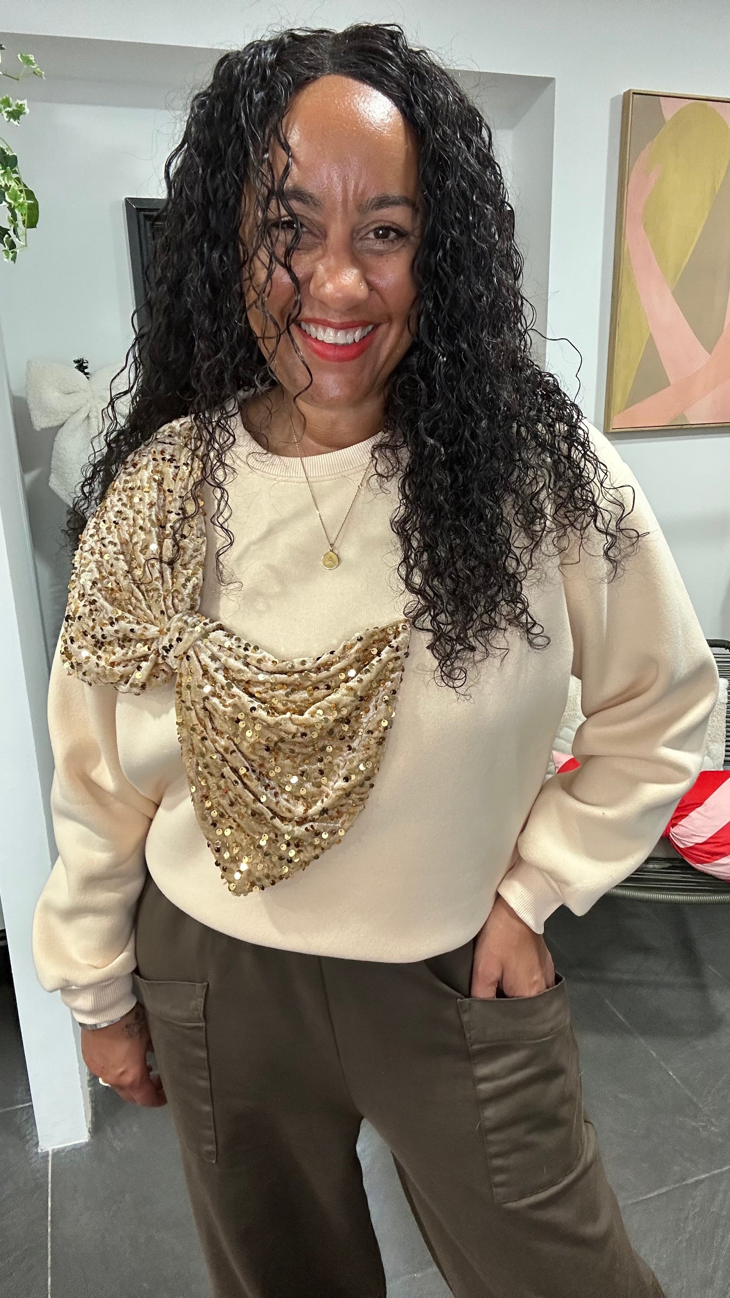 SALE TILLY SEQUIN BOW SWEATER BEIGE CREAM