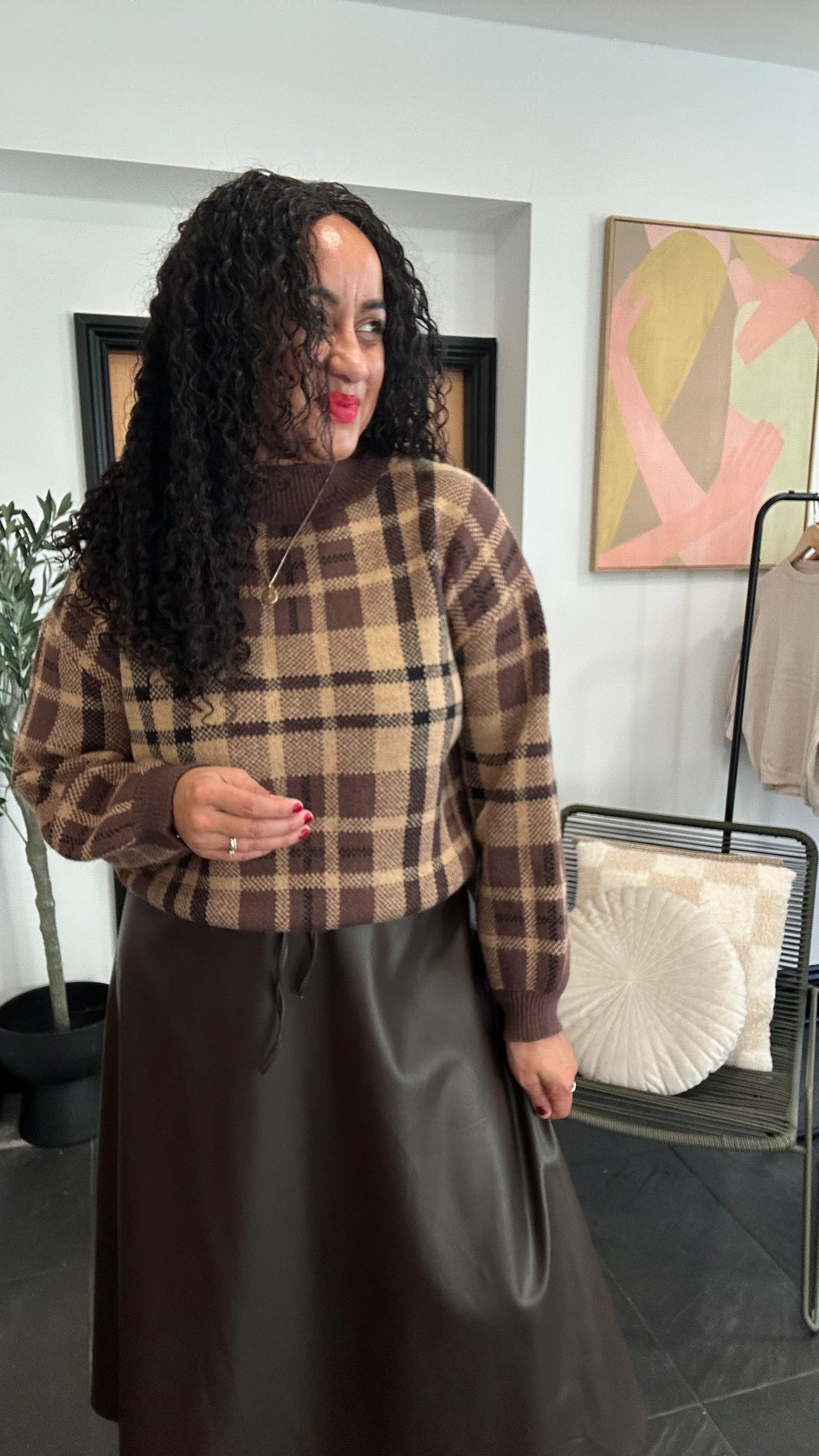 TESS PLAID KNIT SWEATER COFFEE BROWN *New