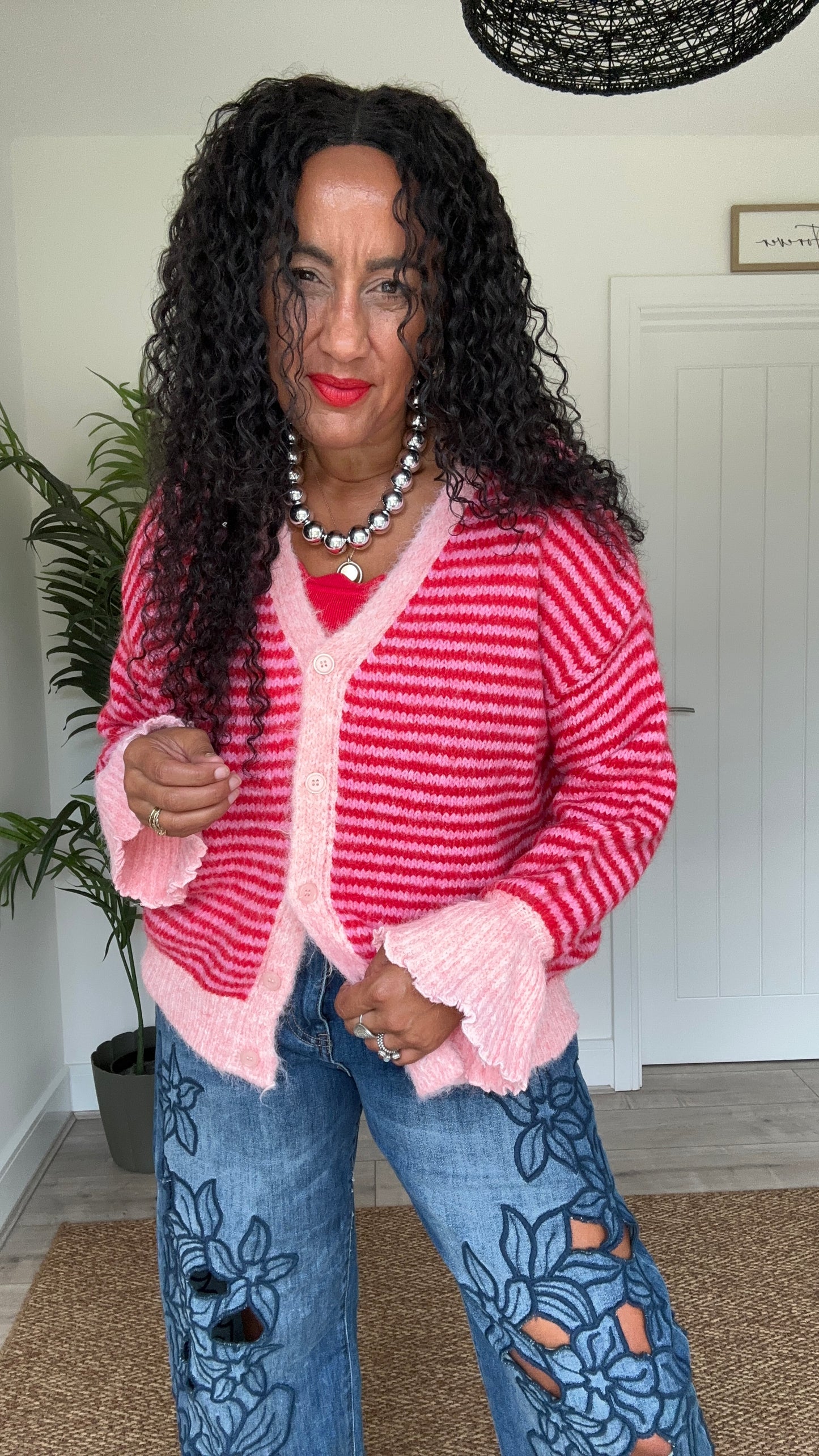 ALEXA STRIPE CARDIGAN PINK *New