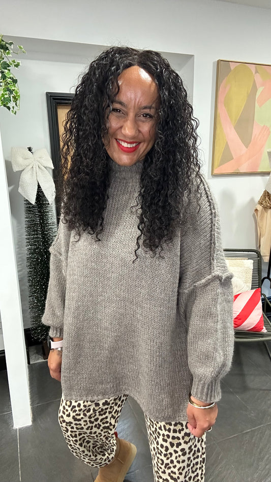 ALEX  RAW EDGE BALLOON SLEEVED JUMPER TAUPE *New
