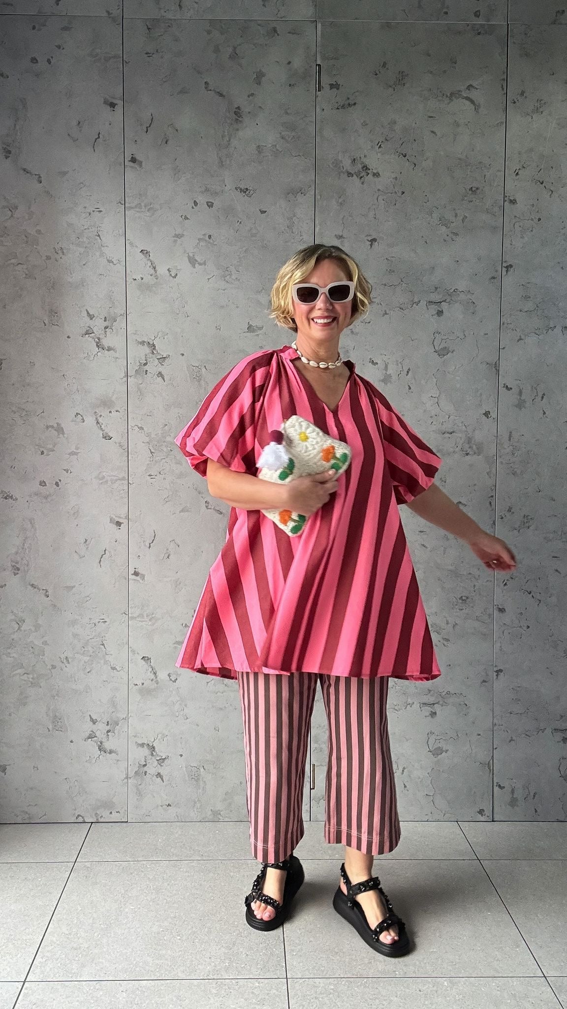 NESSA STRIPE SMOCK TOP / DRESS RED & PINK *New