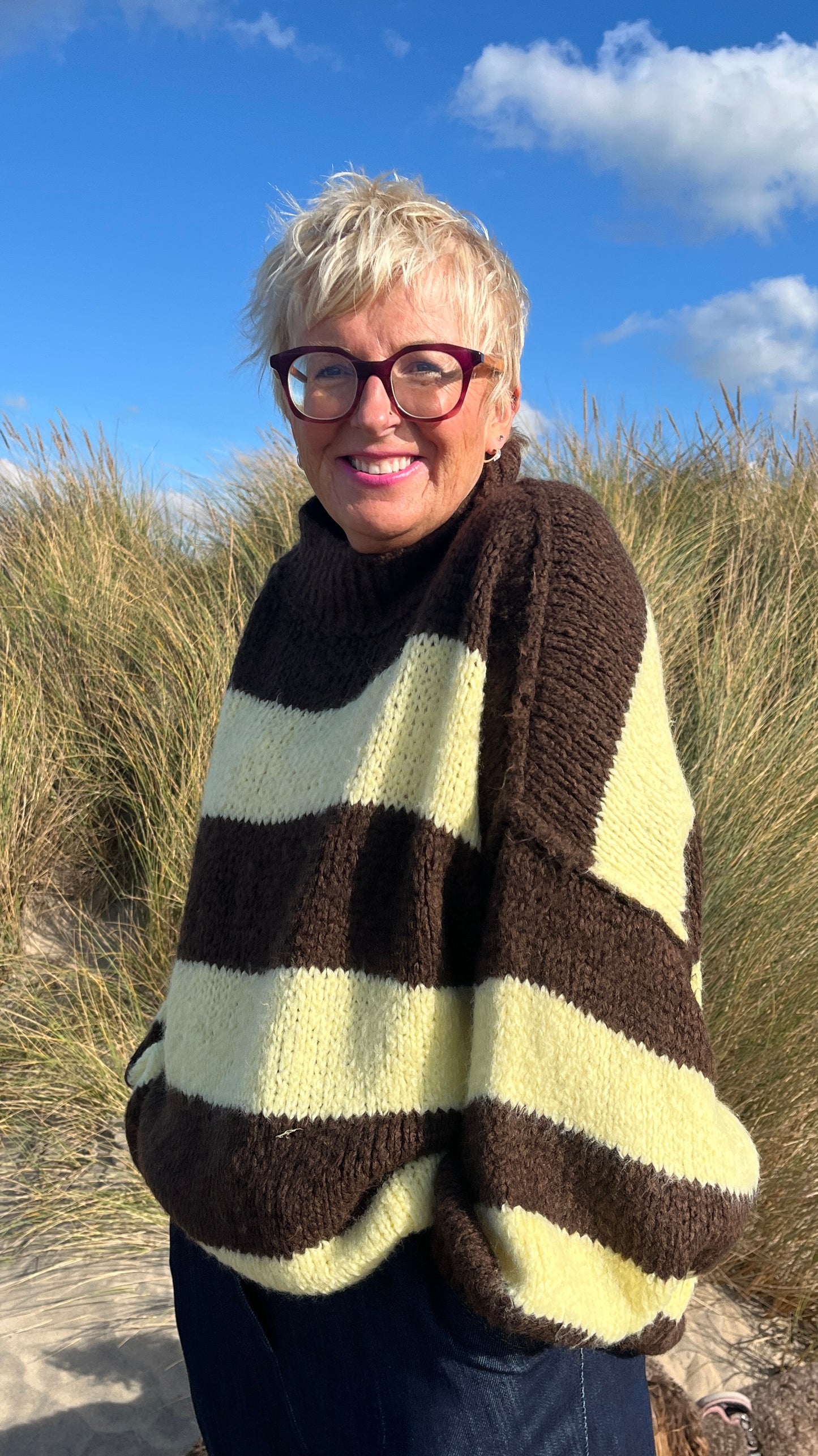 ALEX STRIPED RAW EDGE BALLOON SLEEVED JUMPER CHOCOLATE BROWN & YELLOW *New