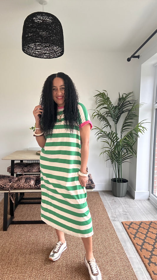 BETTY OVERSIZED T-SHIRT DRESS GREN & PINK CONTRAST TRIM *New