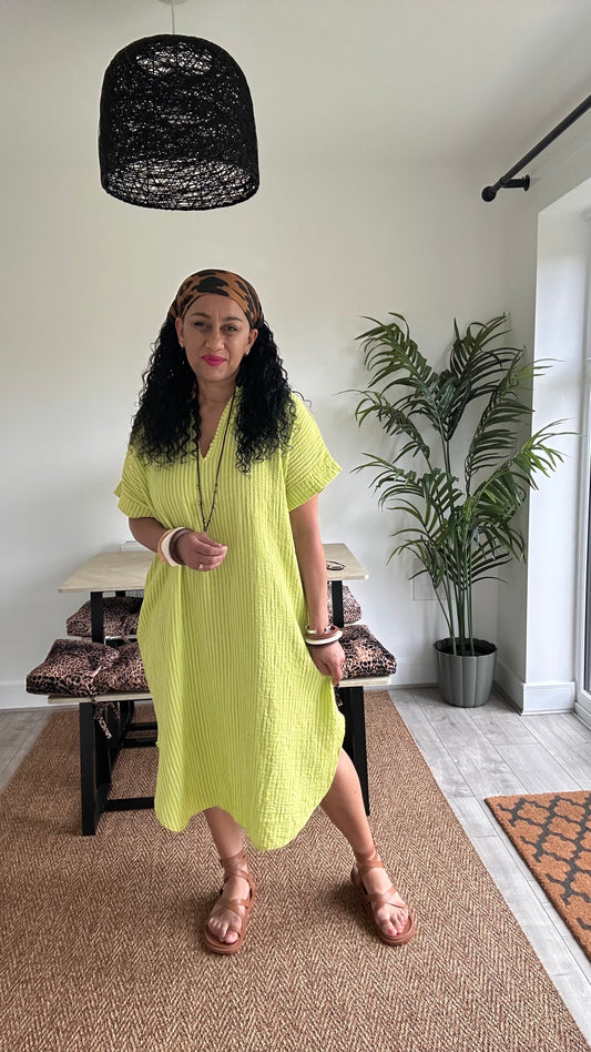 TAYO STRIPED TUNIC SHIRT DRESS LIME GREEN *New