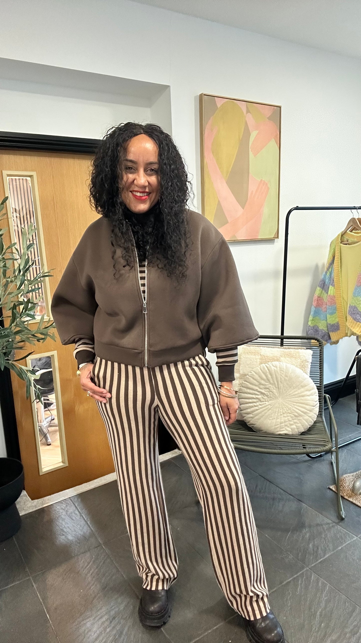 EVELYN STRIPE WIDE LEG BOTTOMS BROWN *New