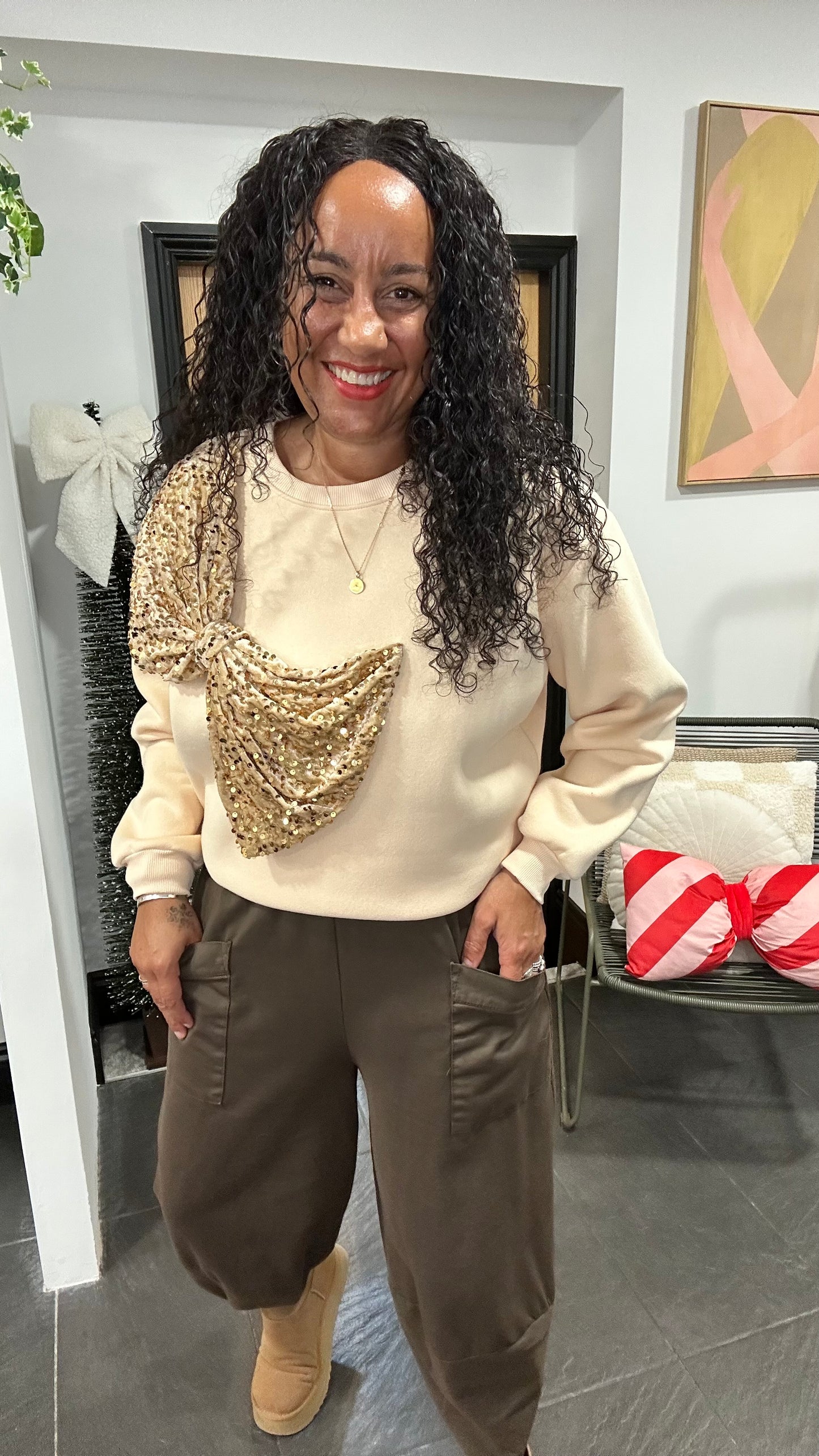 SALE TILLY SEQUIN BOW SWEATER BEIGE CREAM