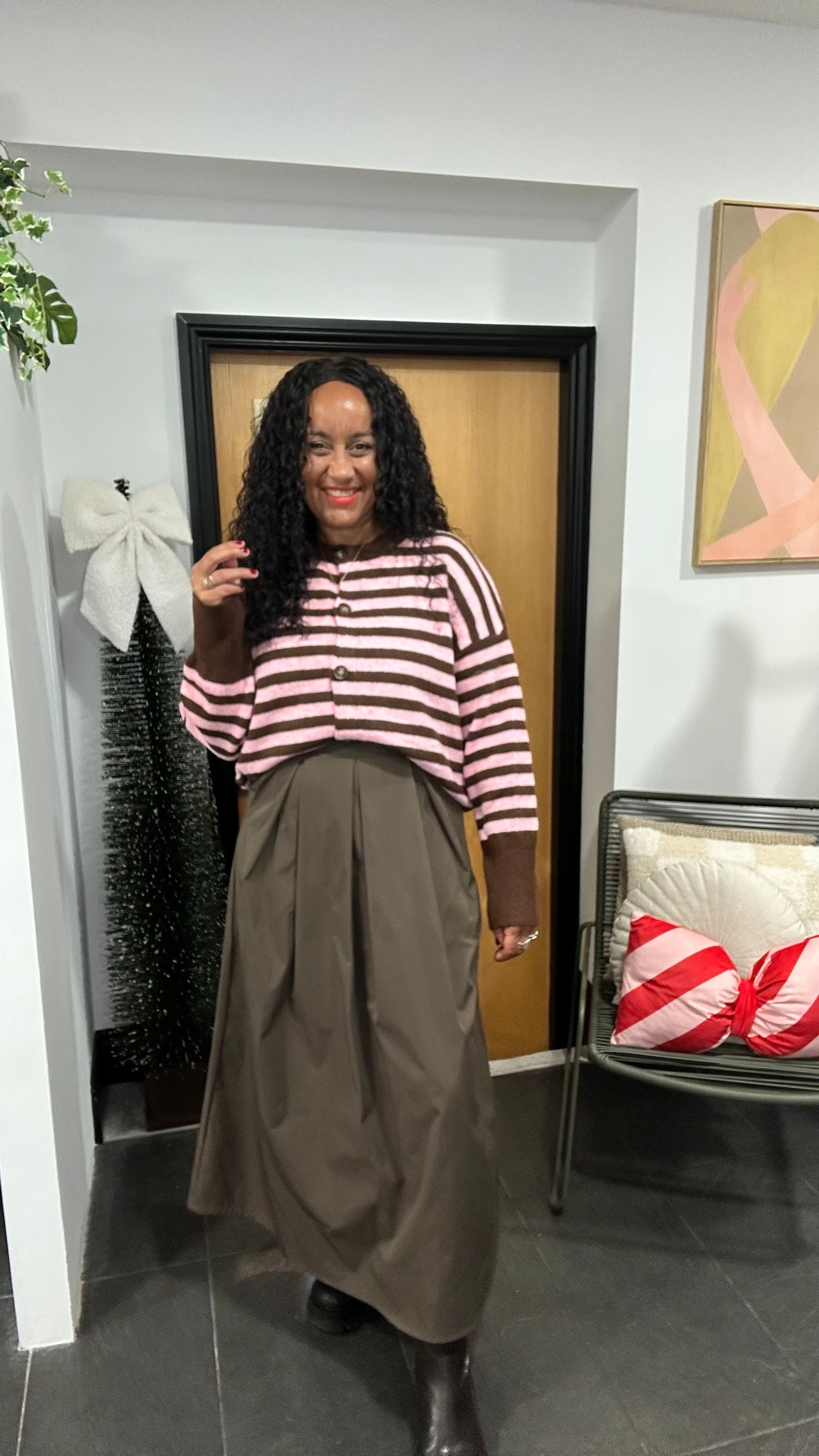 OWEN STRIPED CARDIGAN PINK & BROWN *New