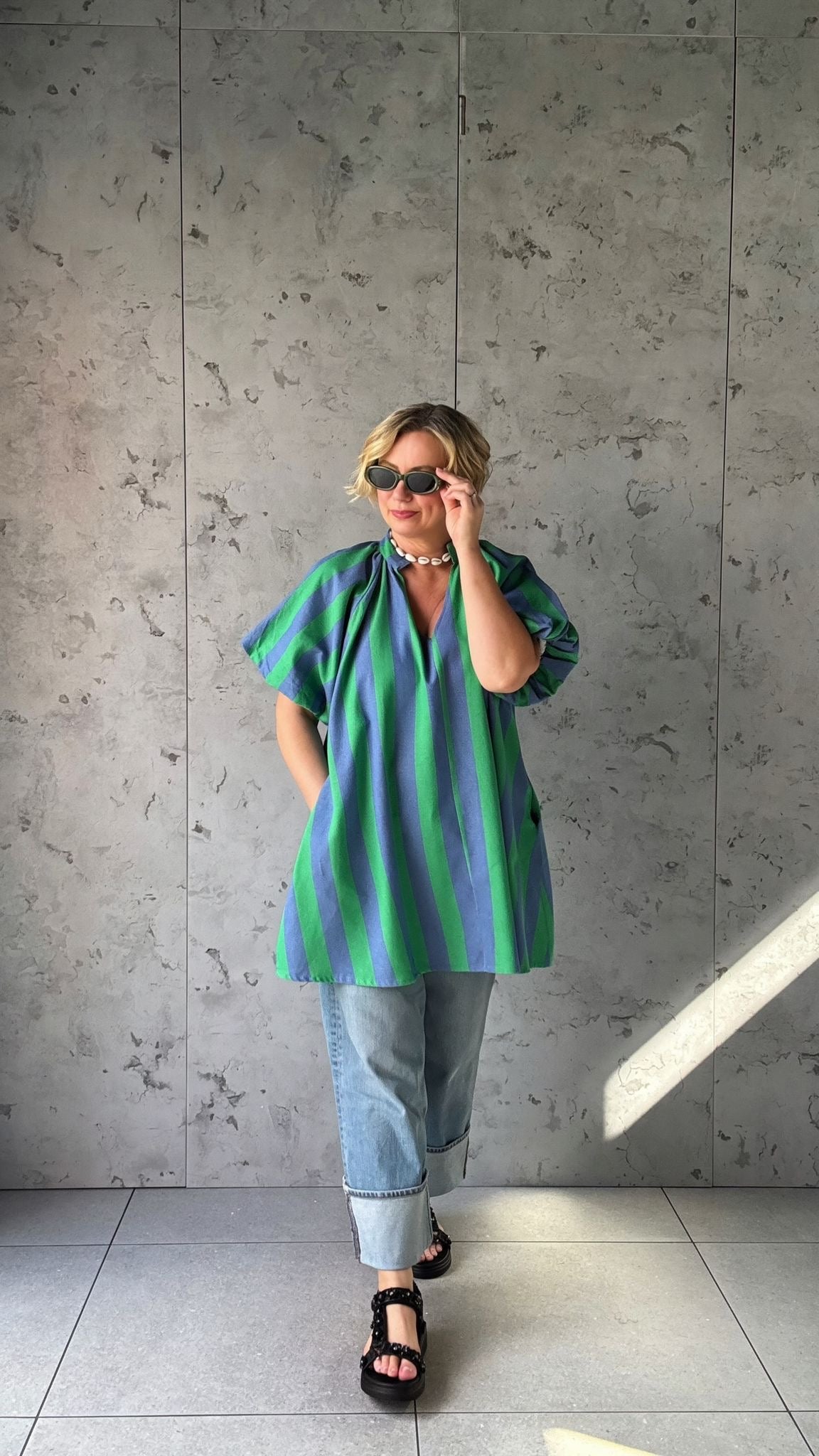 NESSA STRIPE SMOCK TOP / DRESS GREEN & BLUE *New