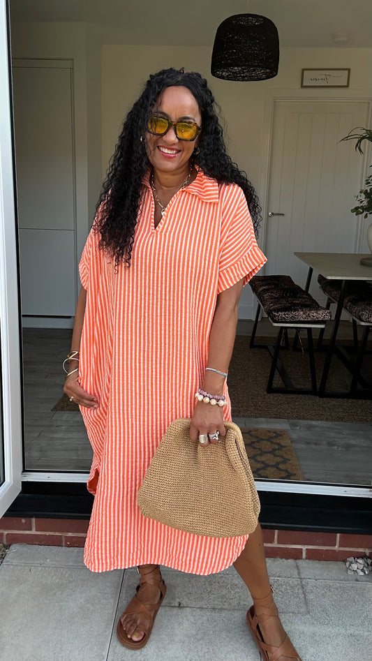 TAYO STRIPED TUNIC SHIRT DRESS TANGERINE *New