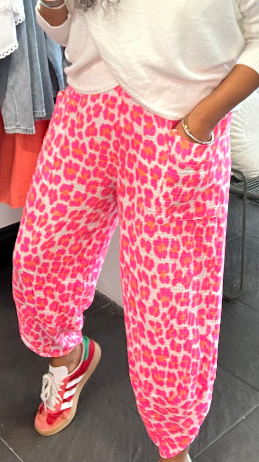 FRUITELLA LUXE LEOPARD BARREL LEG TROUSERS NEON PINK LEOPARD *New