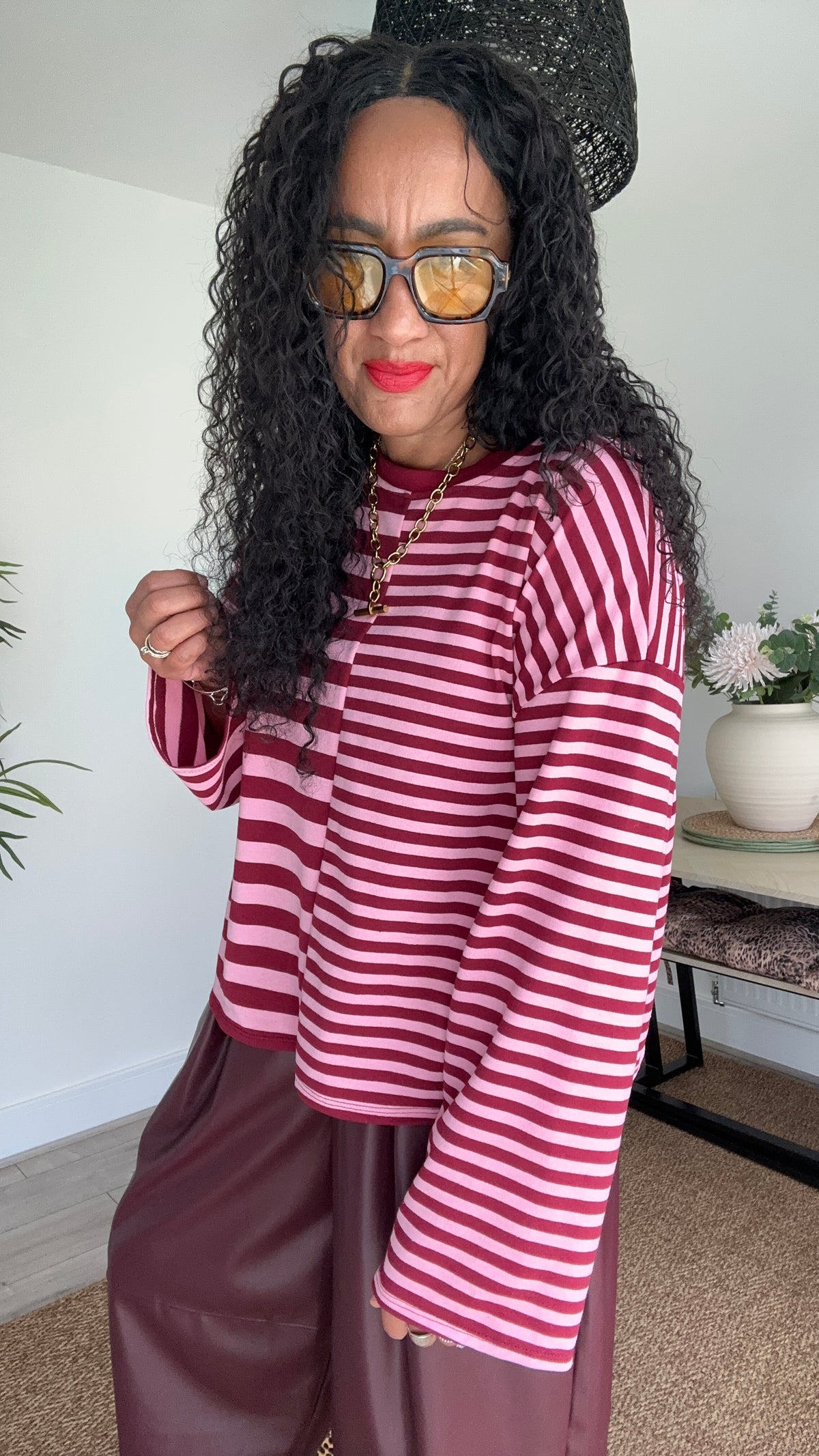 IXA STRIPE COTTON TOP BURGUNDY & PINK *New