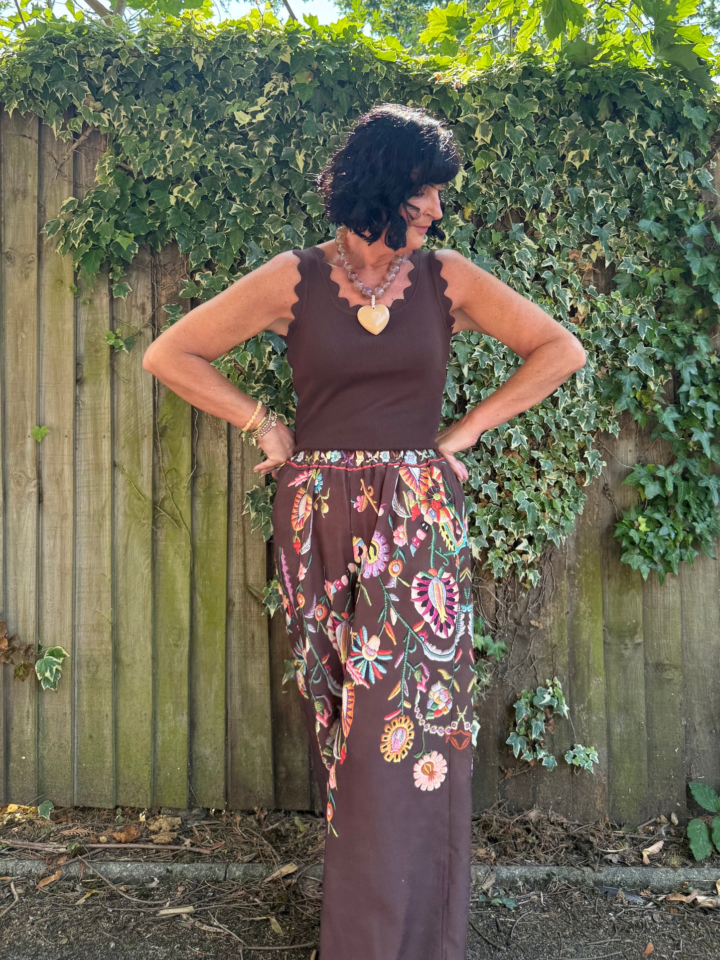 CLEO LASER FLORAL EMBROIDERED BOHO WIDE LEG TROUSERS BROWN *New