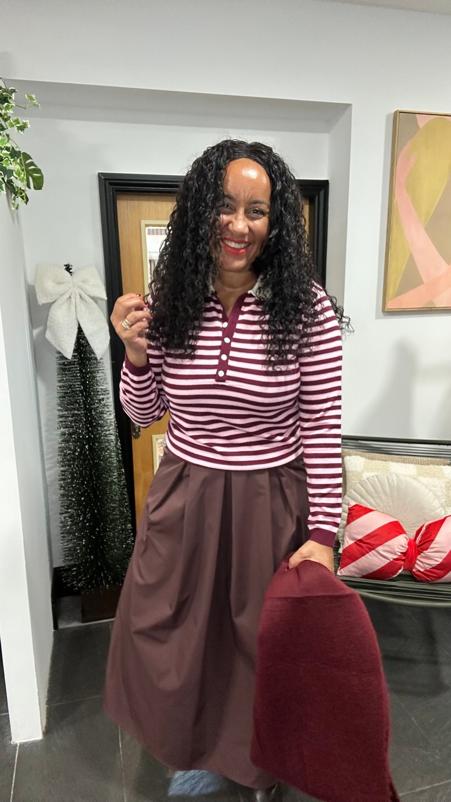 BUTTON NECK COLLARED TOP BURGUNDY & PINK *New