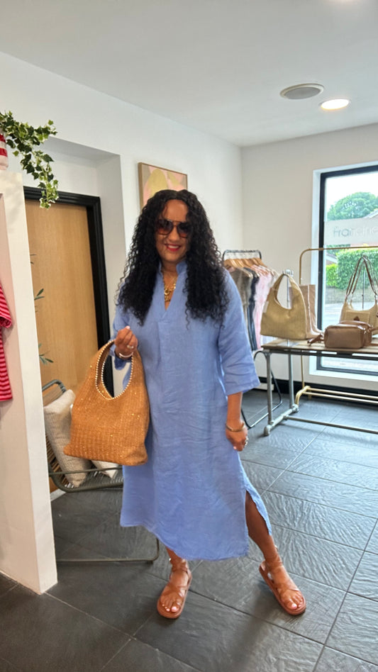 SALE MARRAKESH LINEN TUNIC DRESS BLUE