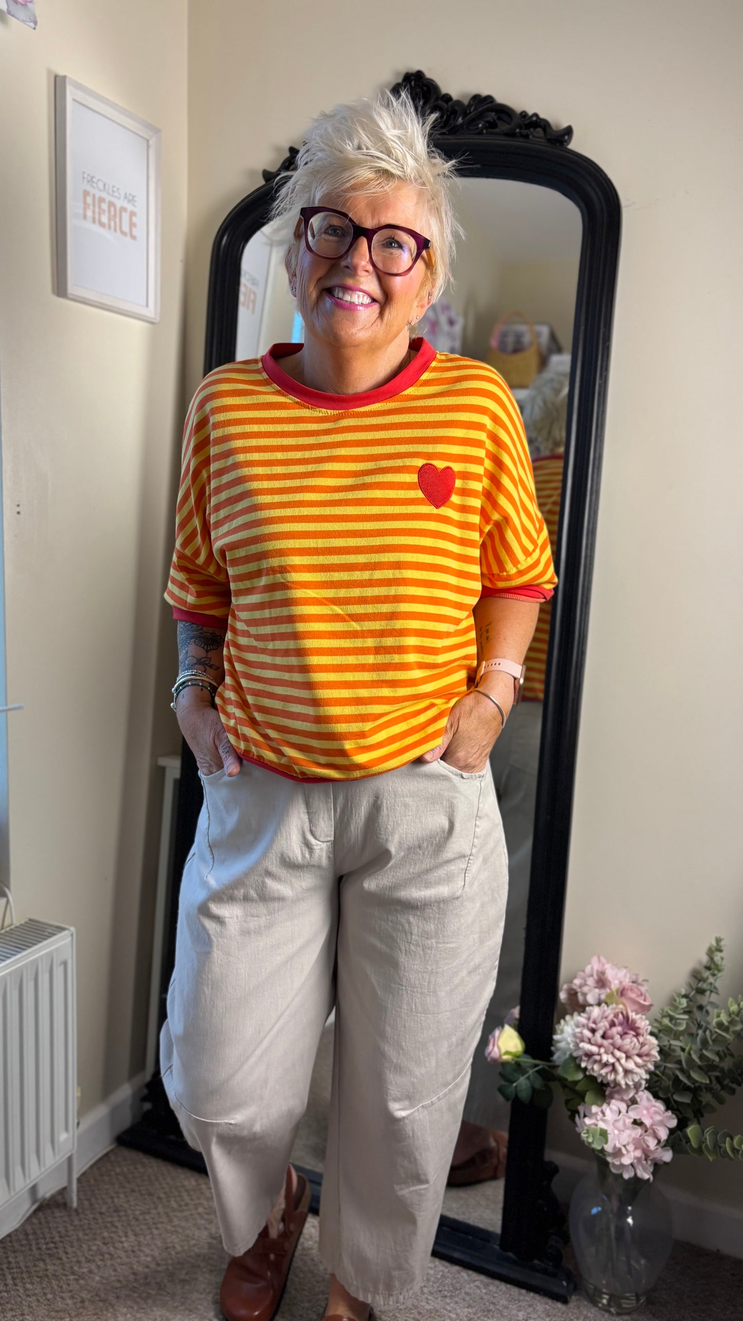 SALE ALEX STRIPED HEART RELAXED T SHIRT ORANGE & RED