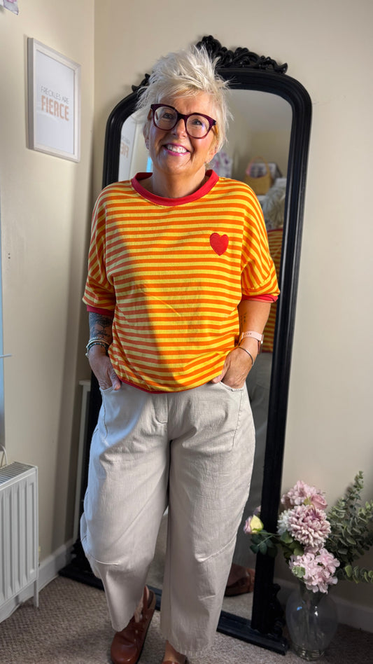 ALEX STRIPED HEART RELAXED T SHIRT ORANGE & RED *New