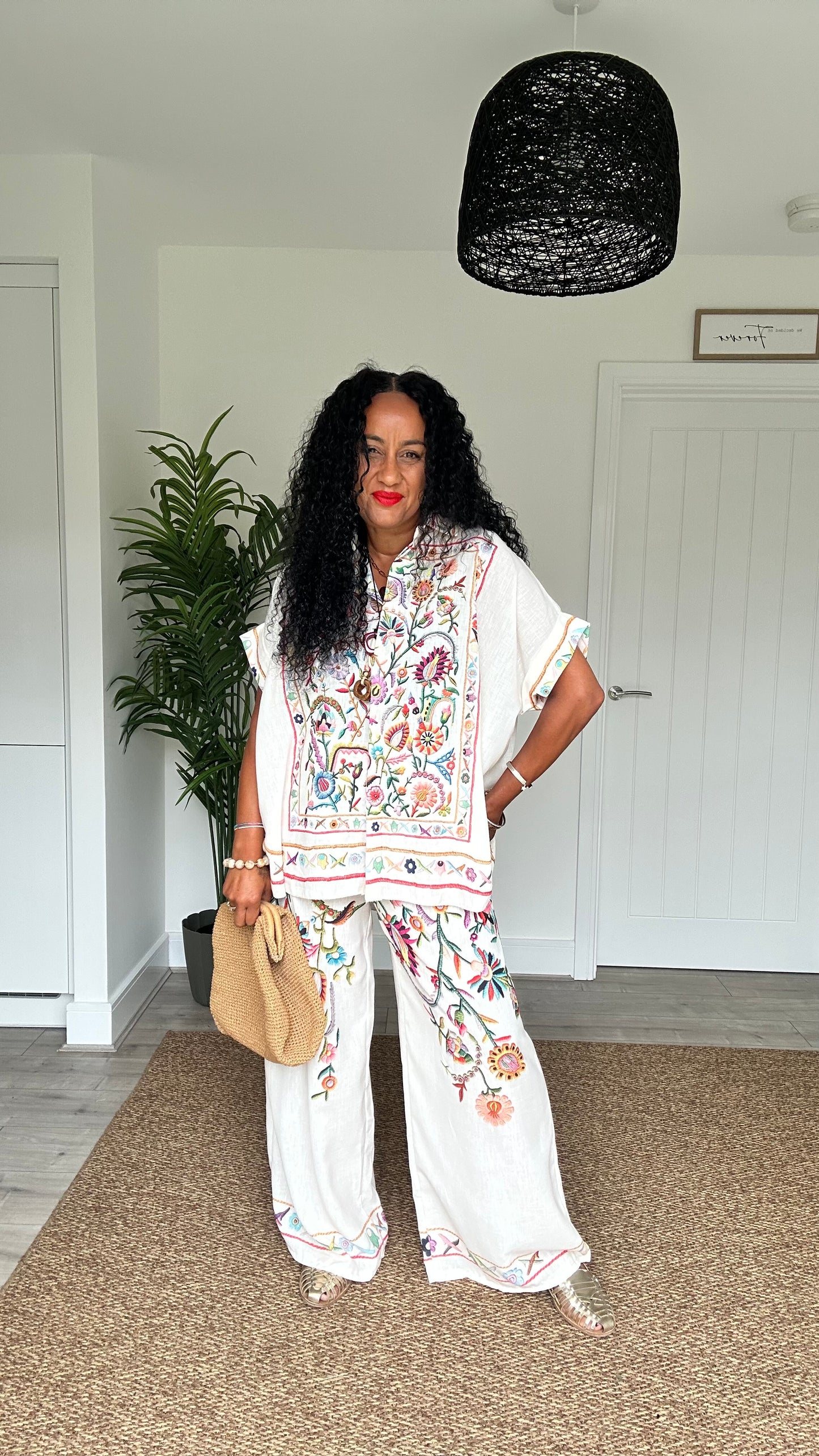 CLEO EMBROIDERED BOHO WIDE LEG TROUSERS BEIGE *New
