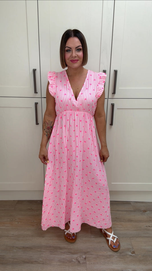 LEO PRINT FRILL SLEEVED MIDI DRESS PINK HEART *New