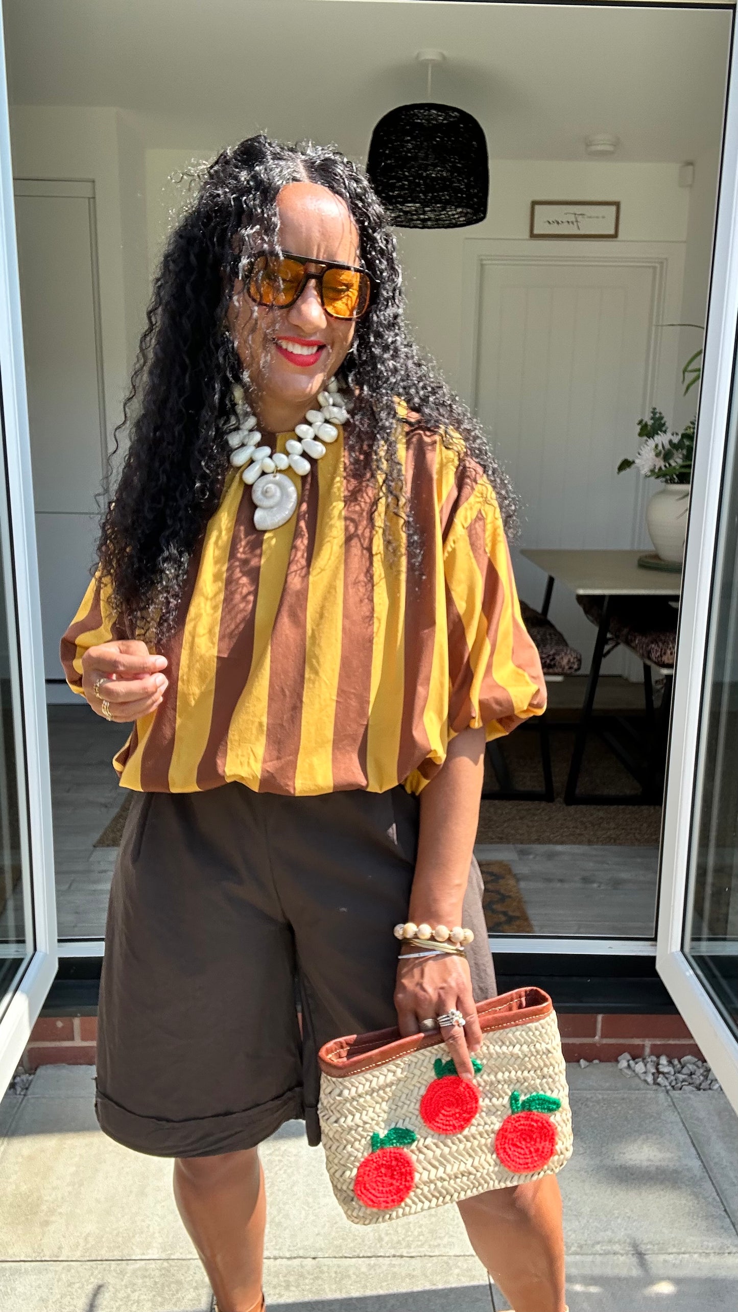STRIPE BUBBLE HEM BLOUSE MUSTARD & BROWN *New