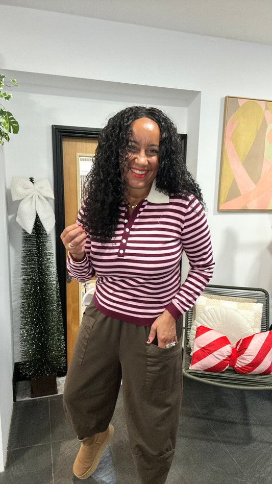 BUTTON NECK COLLARED TOP BURGUNDY & PINK *New