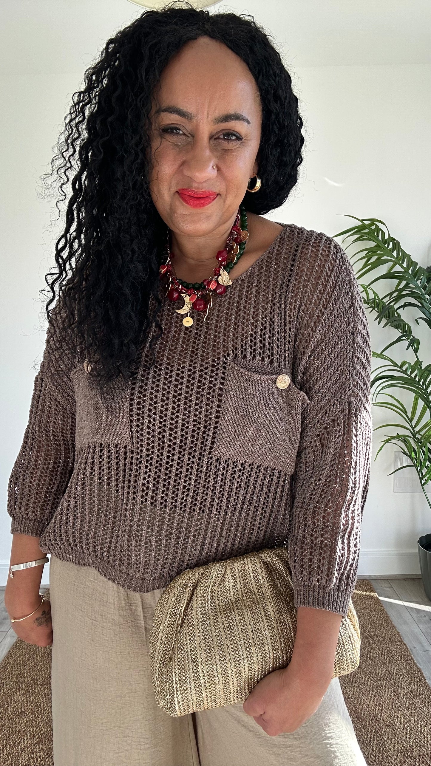 LUREX FISHERMAN CROCHET POCKET KNIT BROWN *New