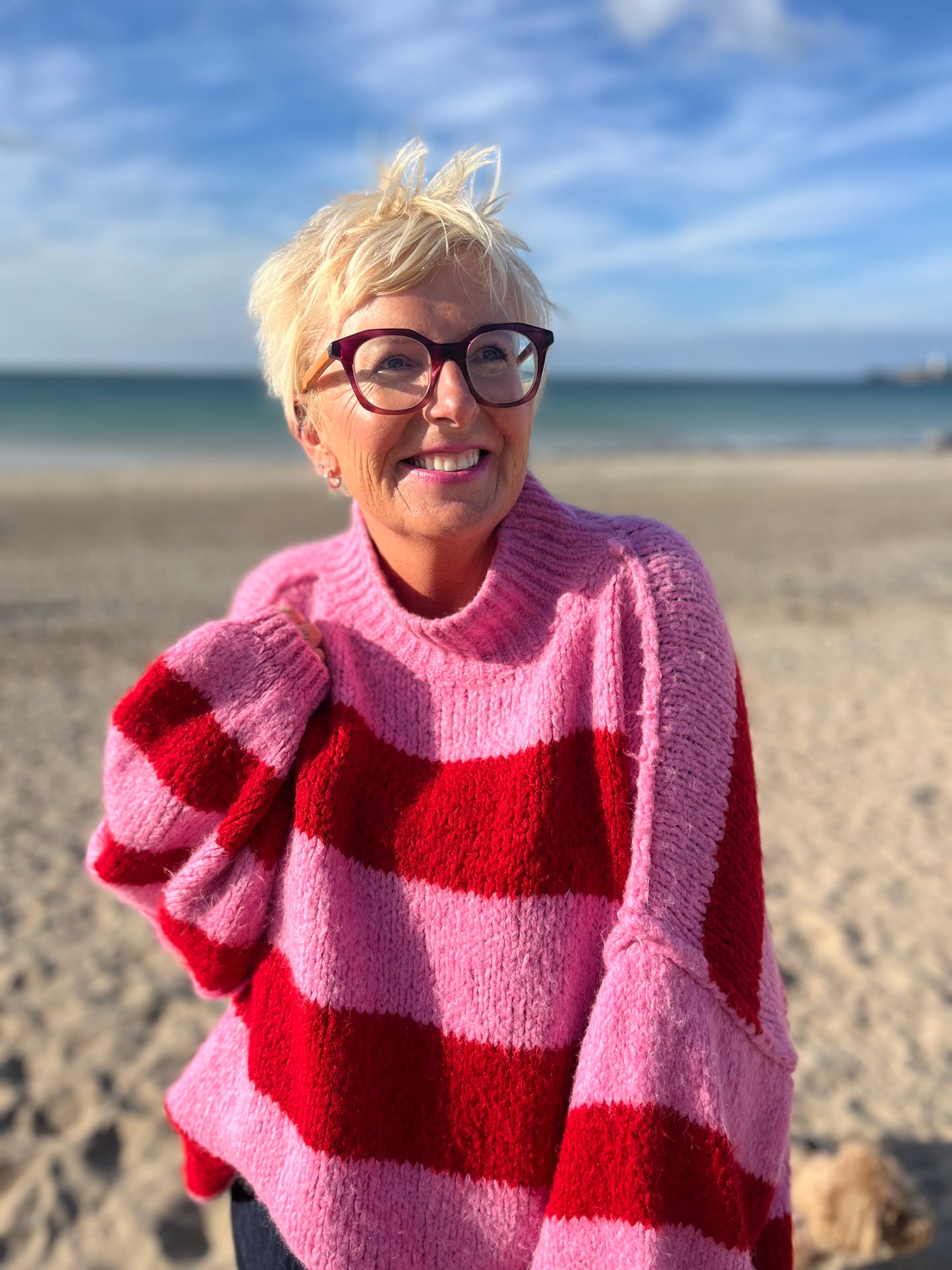 ALEX STRIPED RAW EDGE BALLOON SLEEVED JUMPER CANDY CANE RED & PINK *New