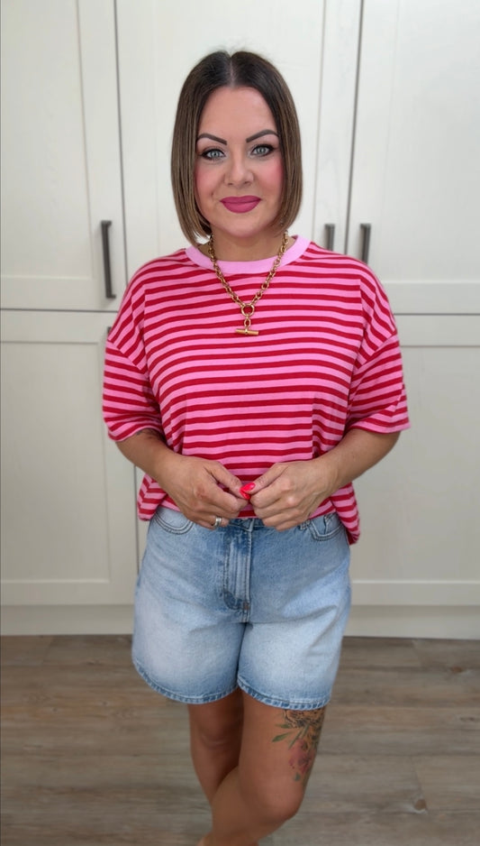 PRE ORDER - CANDY T SHIRT PINK & RED PINK TRIM *New