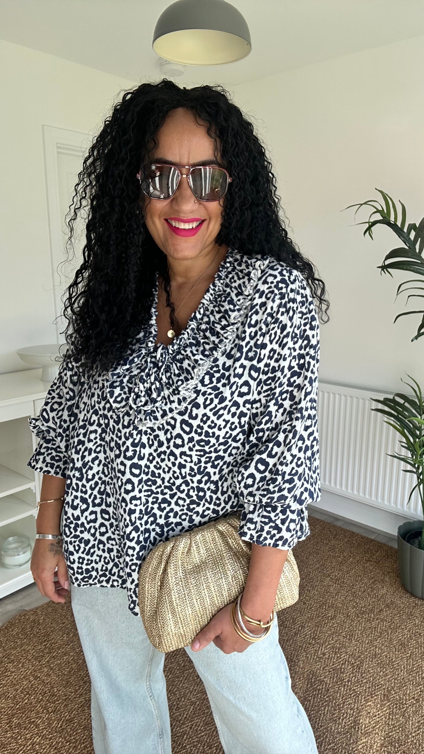 SALE TYRA RUFFLE BLOUSE LEOPARD BLUE