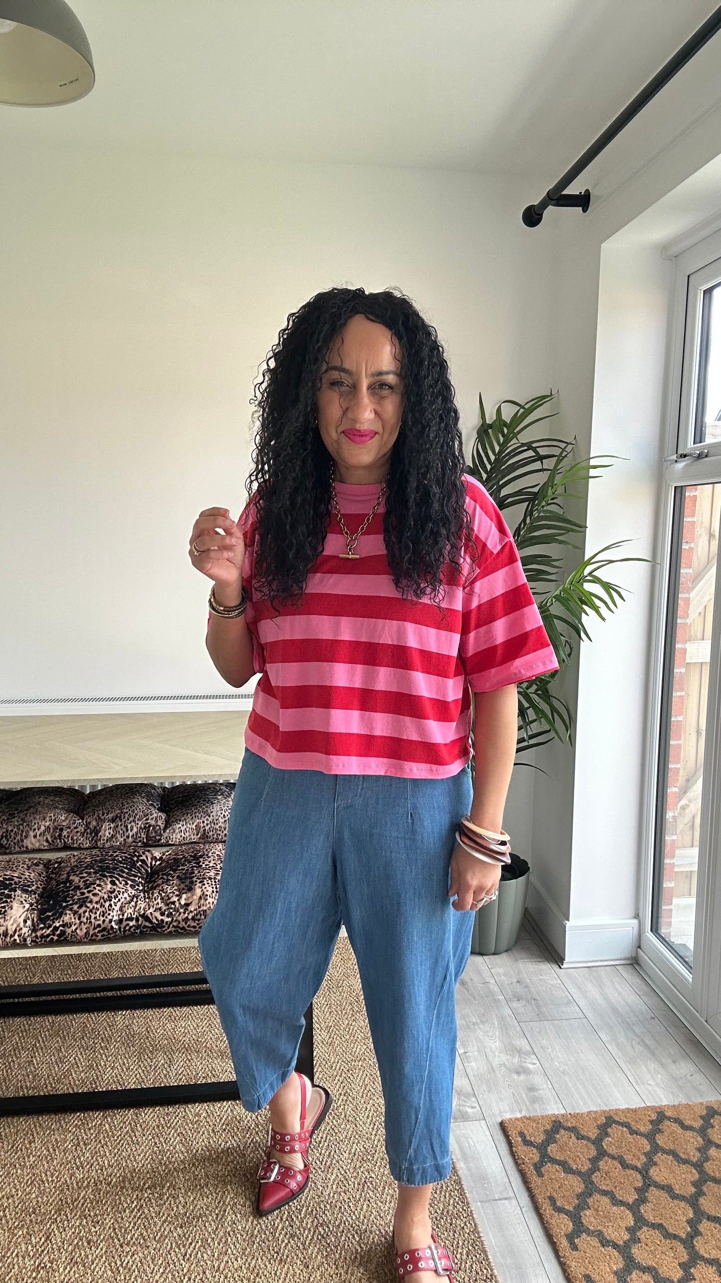 BOLD STRIPE RELAXED T SHIRT RED & PINK *New