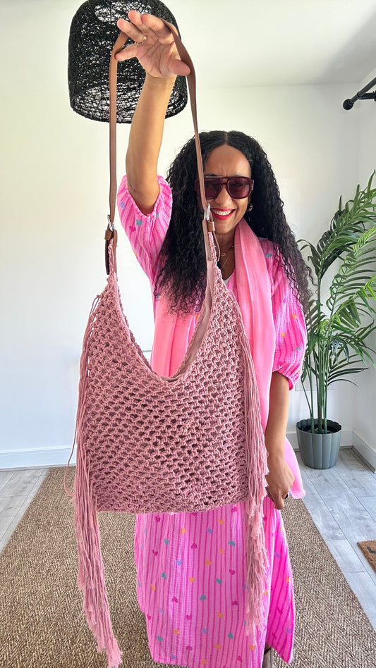 DESSERT FRINGE CROCHET HOBO BAG *BLUSH PINK
