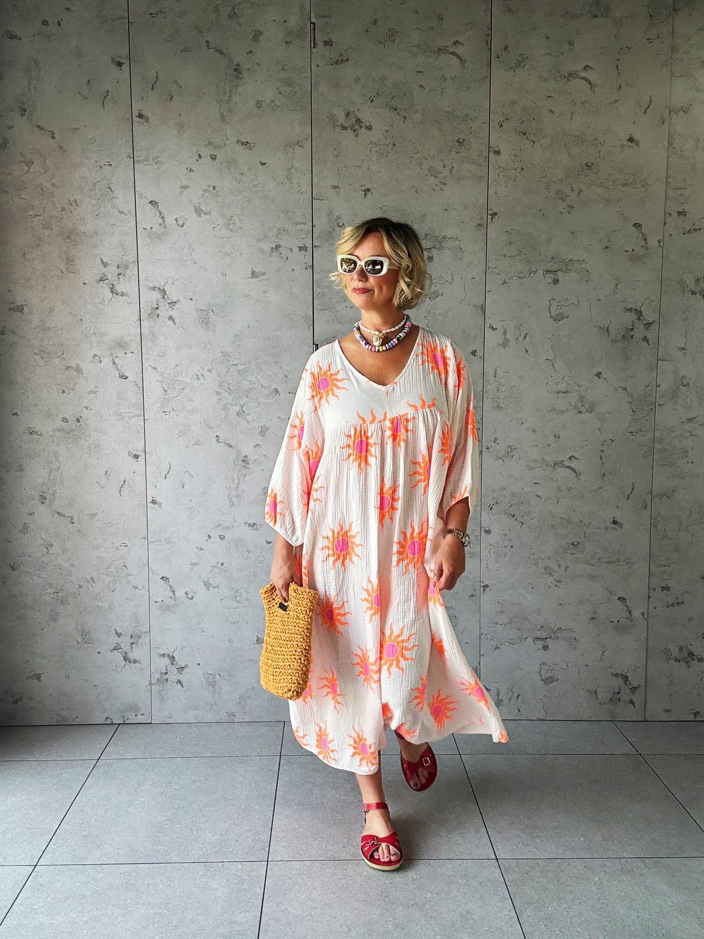 SALE SUNBURST SMOCK DRESS PINKY WHITE & ORANGE SUNBURST