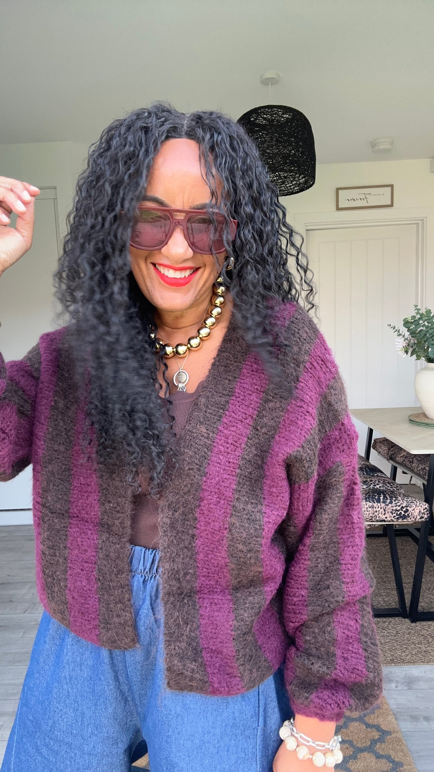 VESA STRIPE CARDIGAN BURGUNDY & BROWN *New