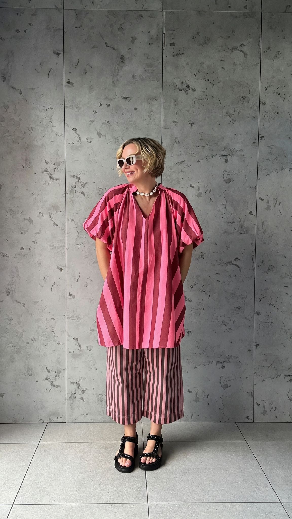 NESSA STRIPE SMOCK TOP / DRESS RED & PINK *New