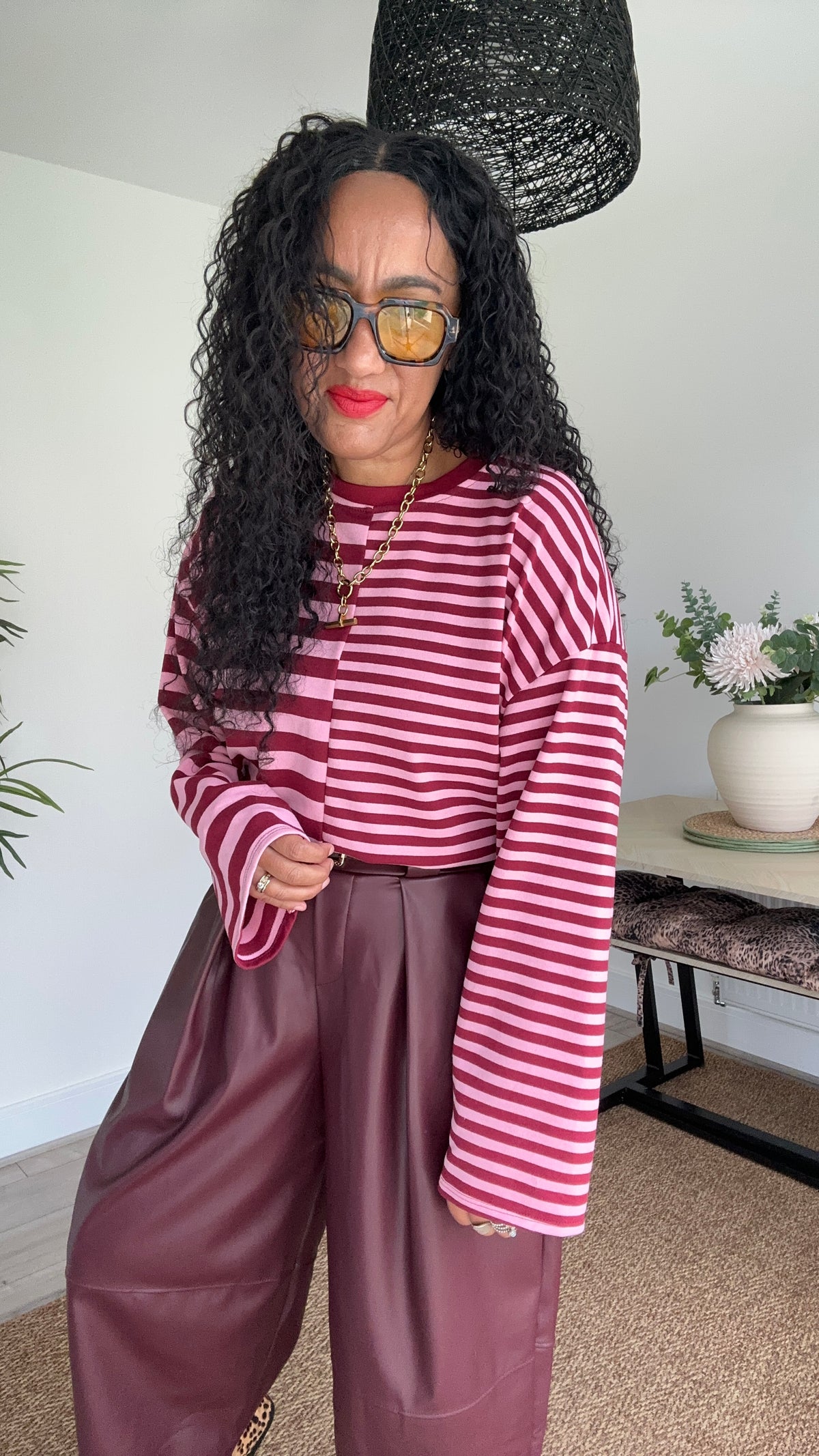 IXA STRIPE COTTON TOP BURGUNDY & PINK *New