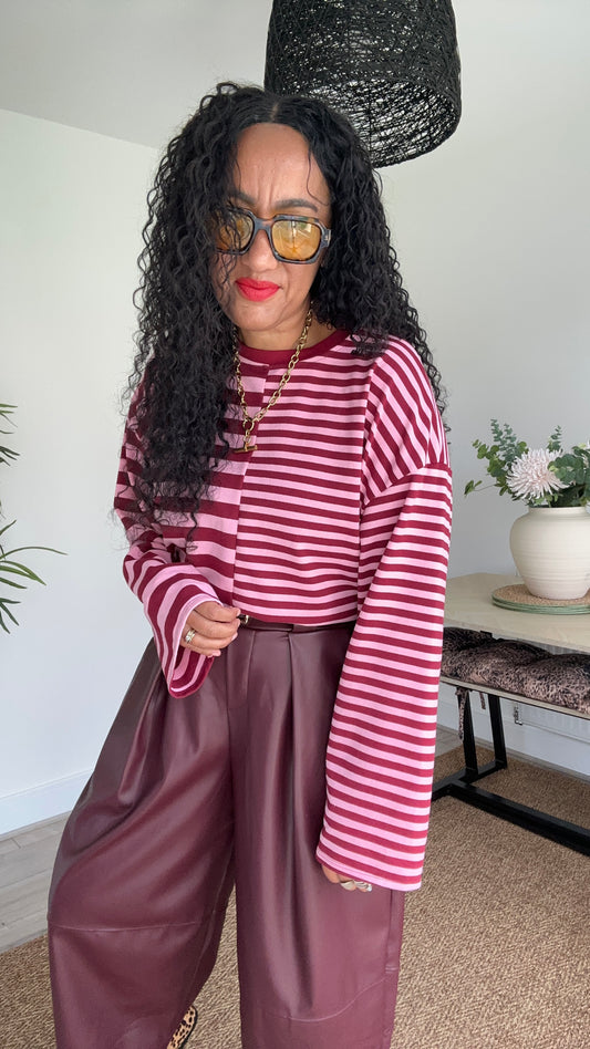 IXA STRIPE COTTON TOP BURGUNDY & PINK *New