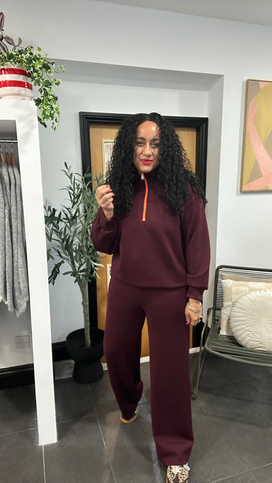 SIENNA CONTRAST ZIP & TIE LOUNGEWEAR BURGUNDY *New