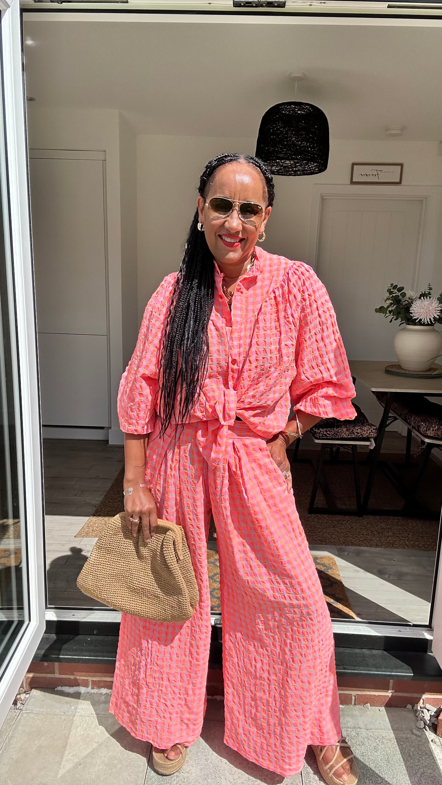 IBIZA PERRIE GINGHAM TROUSERS CORAL & PINK *New