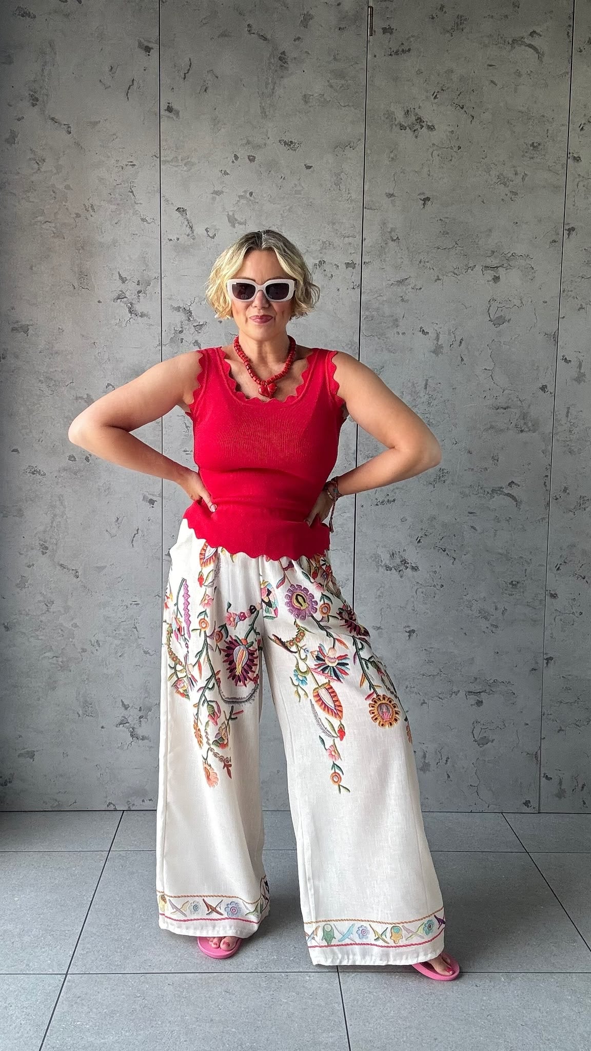 CLEO LASER FLORAL EMBROIDERED BOHO WIDE LEG TROUSERS BEIGE *New