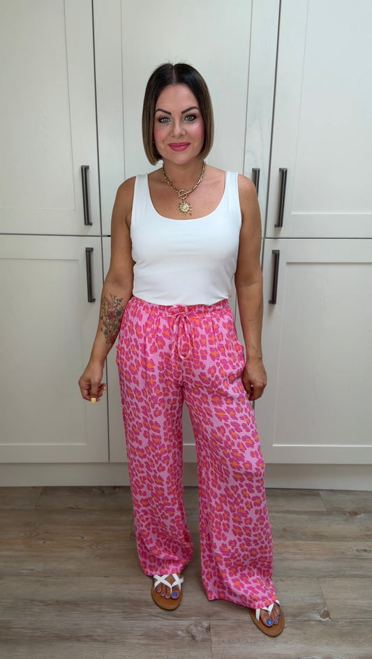 LEOPARD PRINT CHEESECLOTH TROUSERS PINK *New