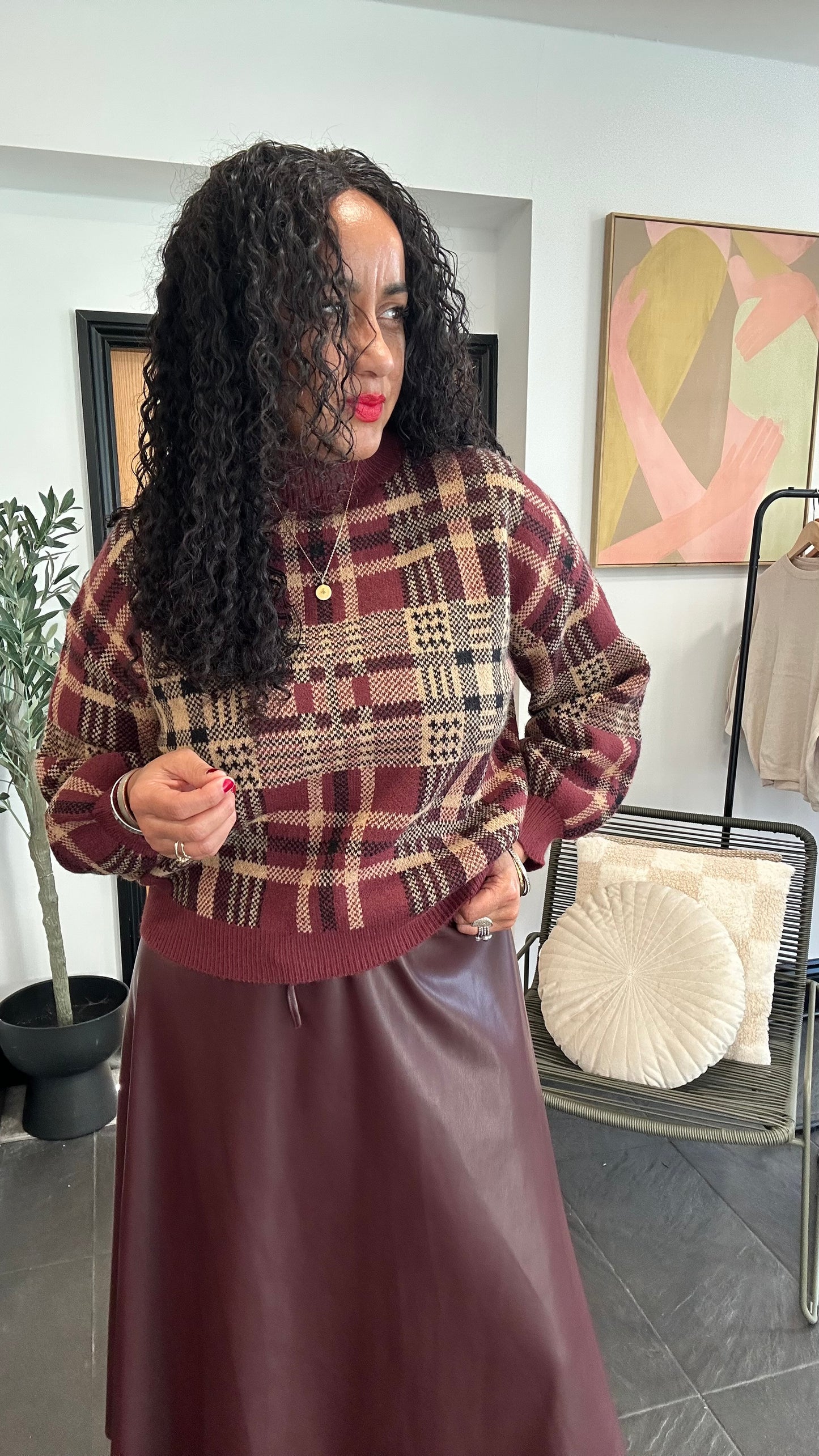 TESS PLAID KNIT SWEATER WINE *New