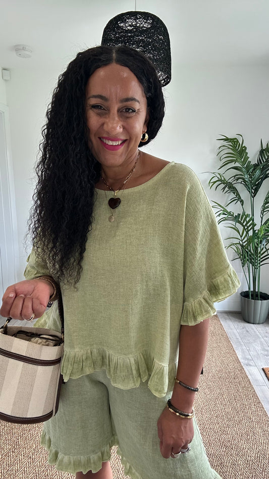 DERBY LINEN BLEND FRILL TOP LIME *New
