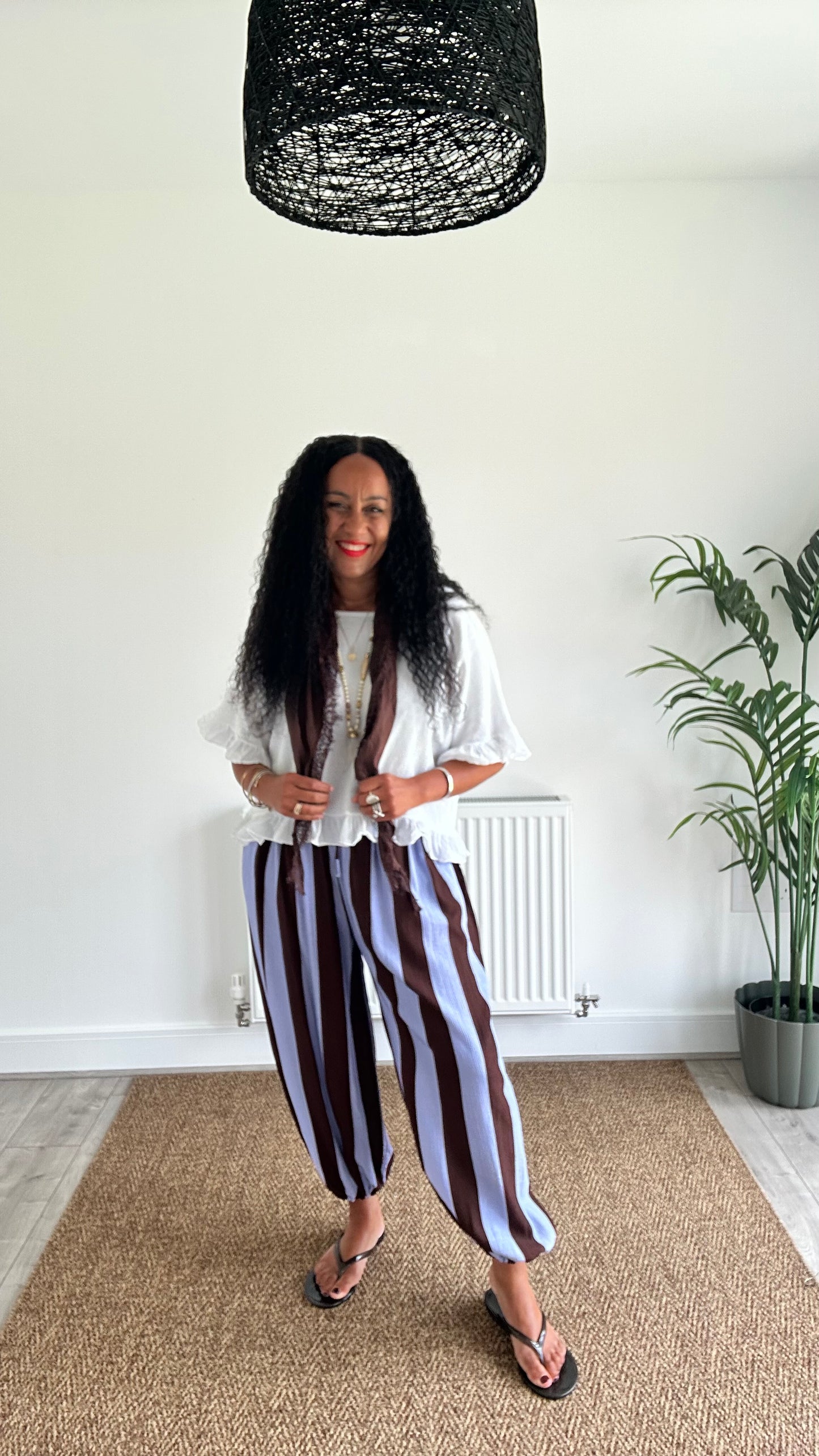 STRIPE BALLOON TROUSERS POWDER BLUE & BROWN *New