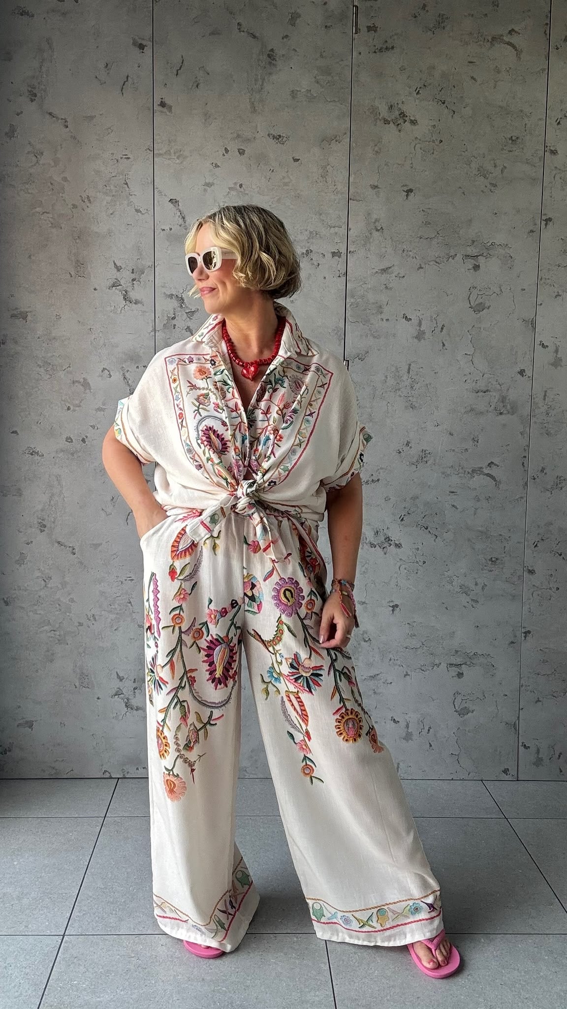 CLEO LASER FLORAL EMBROIDERED BOHO WIDE LEG TROUSERS BEIGE *New