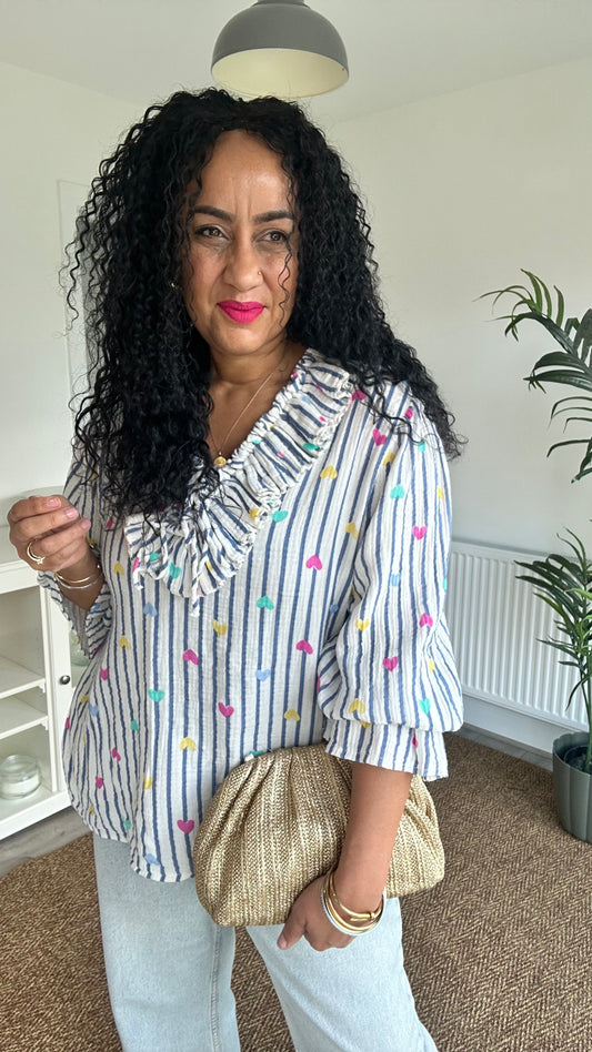 TYRA RUFFLE BLOUSE BLUE HEART *New