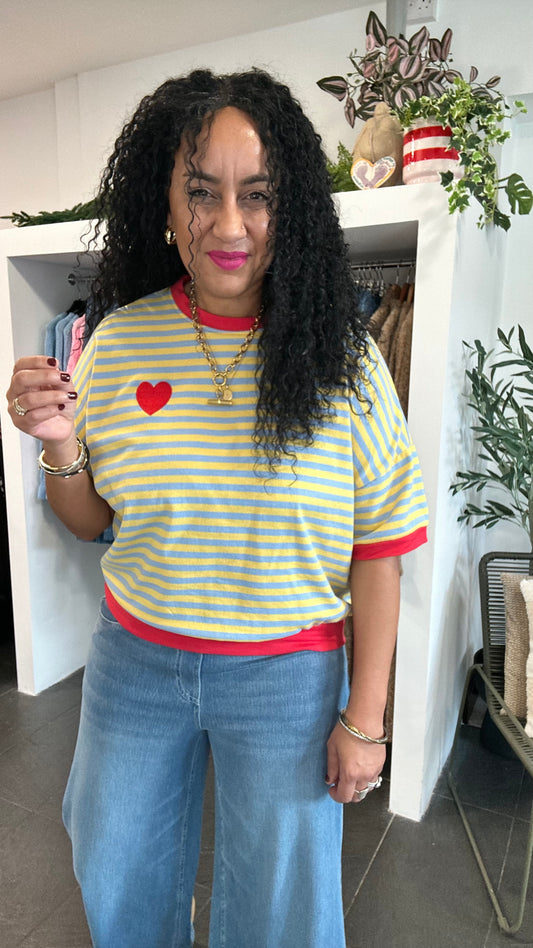 ALEX STRIPED HEART RELAXED T SHIRT YELLOW & BLUE *New